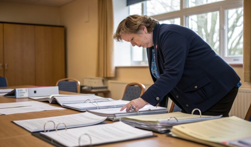 A small business owner working through files of company paperwork in an office meeting room while preparing her business for sale