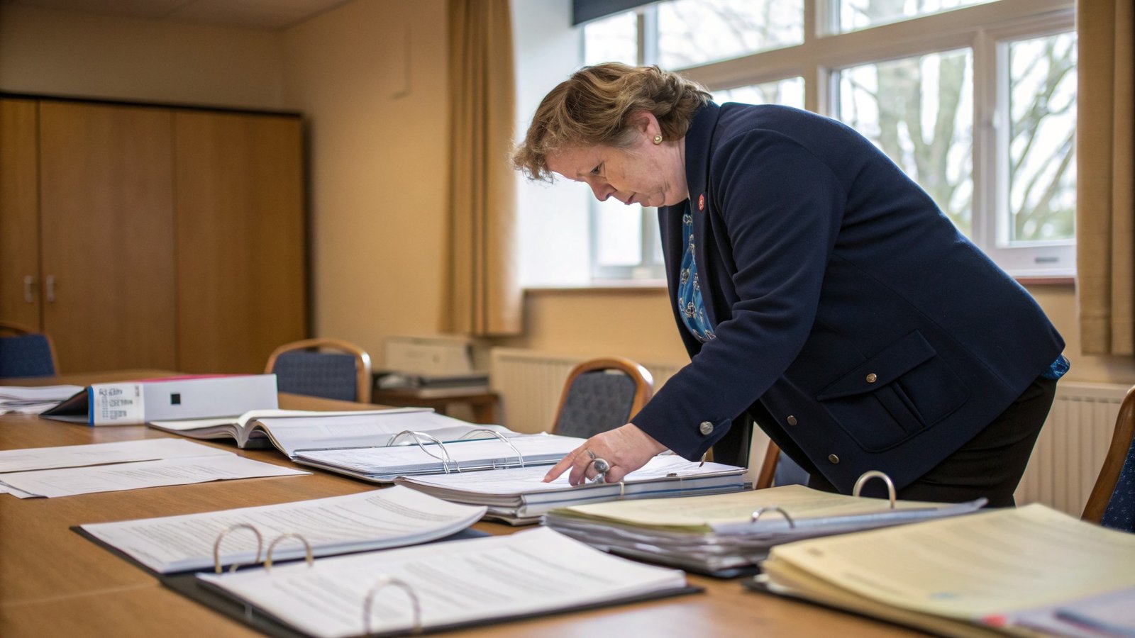 A small business owner working through files of company paperwork in an office meeting room while preparing her business for sale