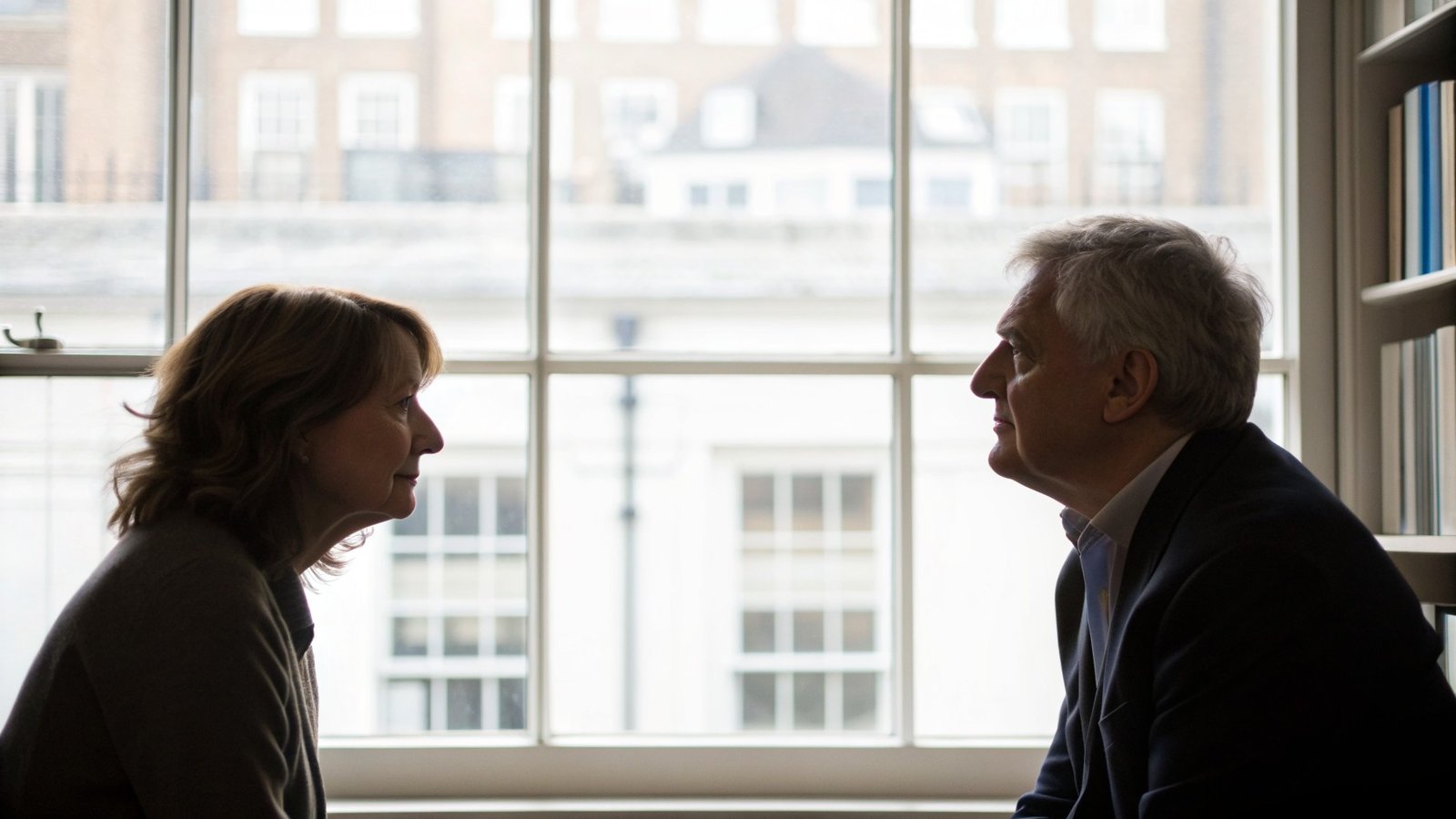 A business owner and a solicitor discussing preparations for a sale in a London office