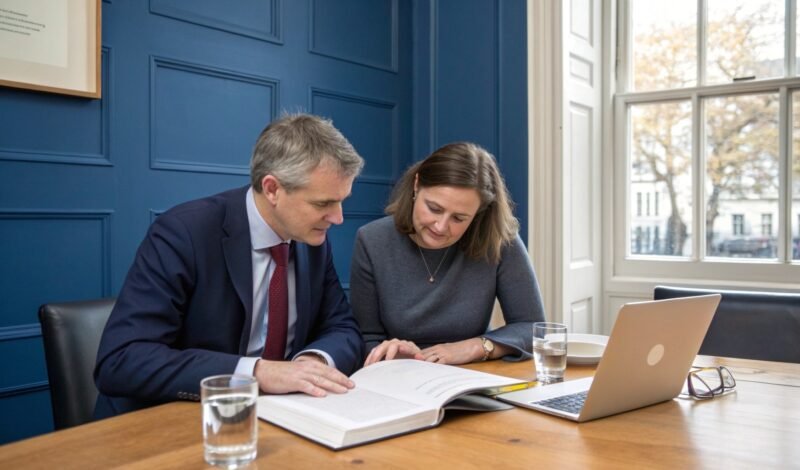 Business owners and their solicitor reviewing a share purchase agreement across a boardroom table