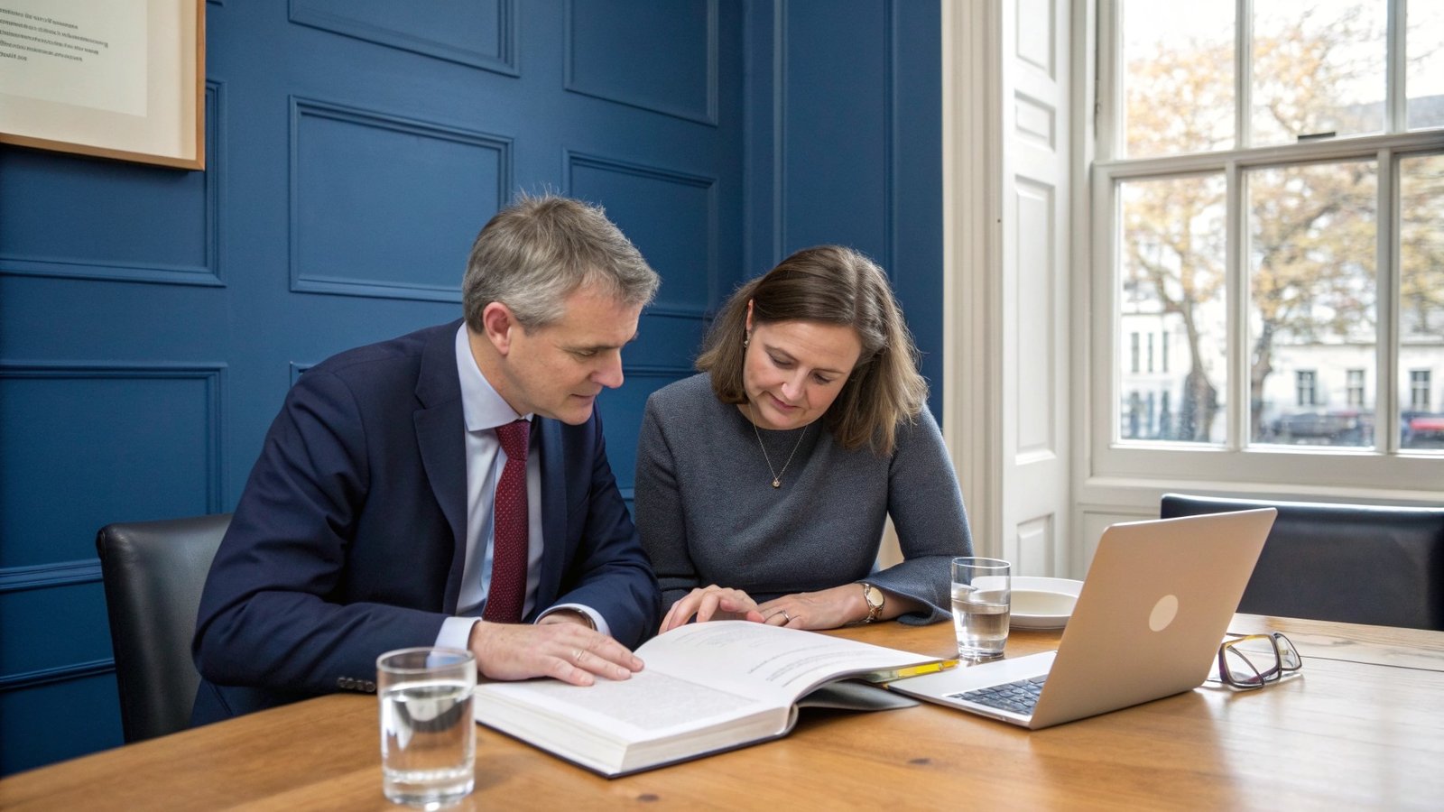 Business owners and their solicitor reviewing a share purchase agreement across a boardroom table